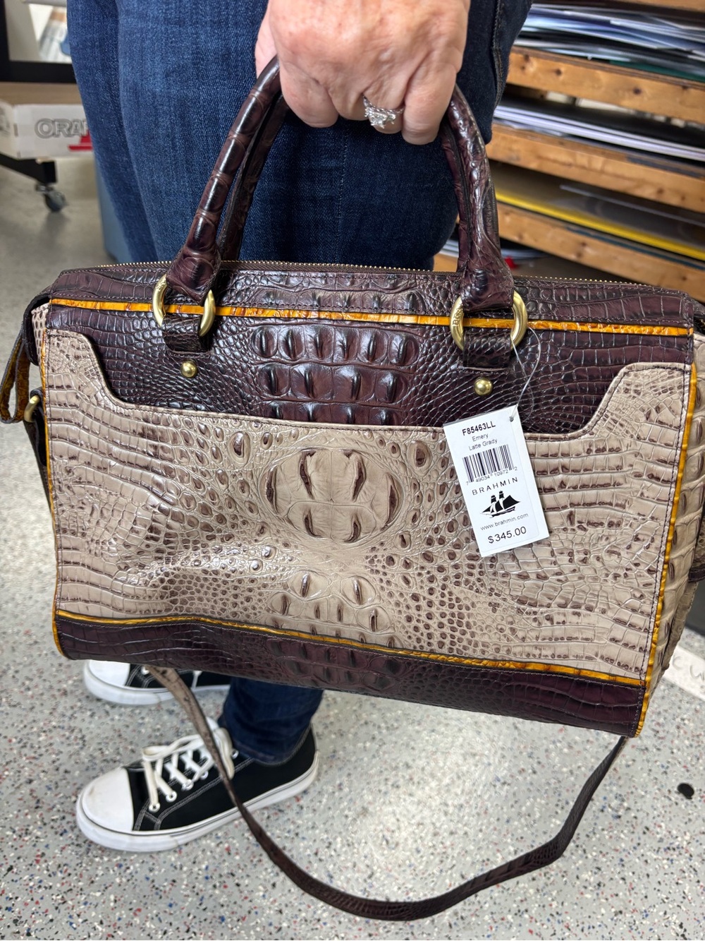 Brahmin Croc-Embossed Satchel in Beige and Dark Brown with Yellow Trim - Picture 16 of 16